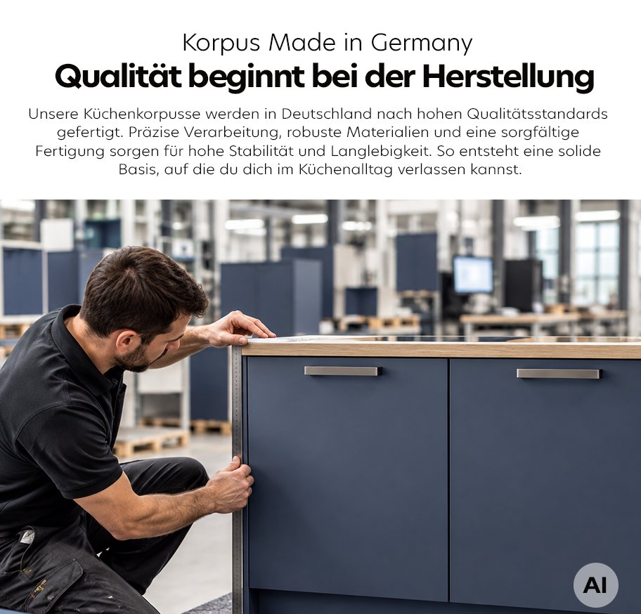 Feature-Banner, Im Vordergrund steht ein Mann mit Bart und dunklem T-Shirt, der eine Küchenfront aus der Serie Pantryküche Nordic Balticblau begutachtet. Die Küchenfront hat eine matte, grünlich-graue Oberfläche und einen dunklen Arbeitsplattenrand. Im Hintergrund sind weitere Küchenmöbel und eine große Produktionshalle mit hohen Regalen und Arbeitsplätzen zu sehen. Oben im Bild befindet sich ein Textfeld mit der Überschrift 'Korpus Made in Germany Qualität beginnt bei der Herstellung'. Darunter folgt ein Absatz, der die Fertigung in Deutschland, die hochwertigen Materialien und die sorgfältige Verarbeitung betont.'
