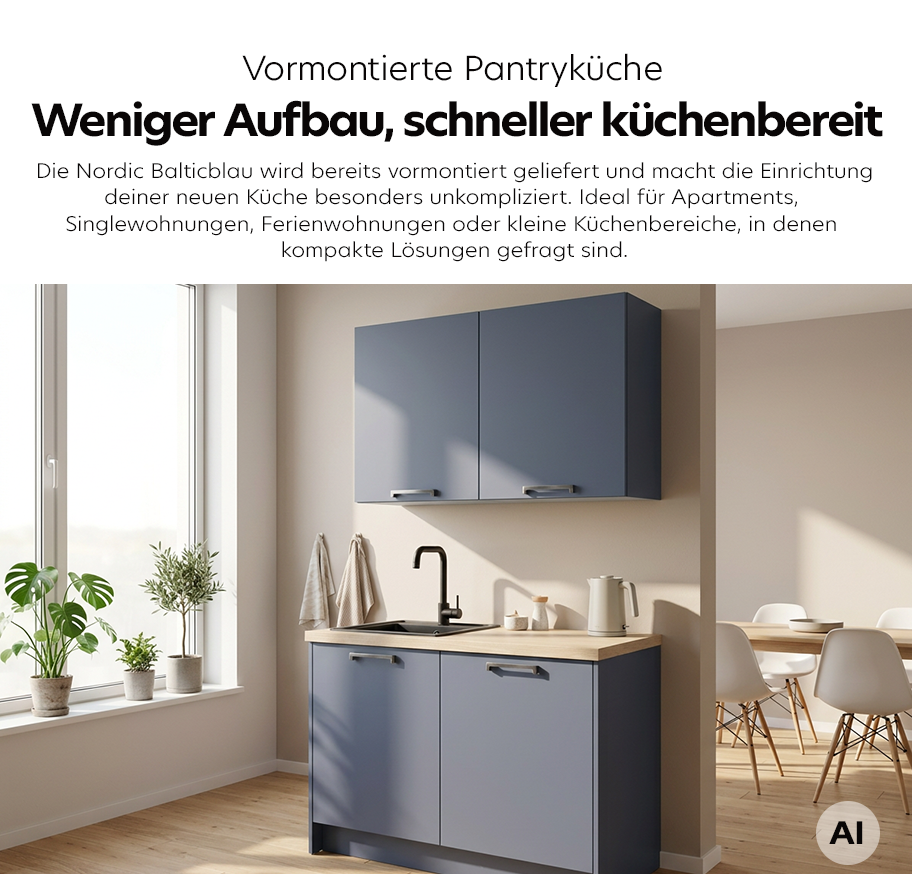 Feature-Banner, Kleine vormontierte Pantryküche Nordic Balticblau mit zwei Unterschränken, Spüle, Armaturund minimalistischer Essbereich mit rundem Holztisch, Stühlen, Stehlampe und Pflanzen im Hintergrund.'