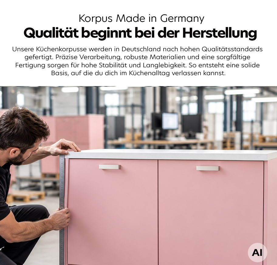 Feature-Banner, Im Vordergrund steht ein Mann mit Bart und dunklem T-Shirt, der eine Küchenfront aus der Serie Pantryküche Nordic Rose  begutachtet. Die Küchenfront hat eine matte, grünlich-graue Oberfläche und einen dunklen Arbeitsplattenrand. Im Hintergrund sind weitere Küchenmöbel und eine große Produktionshalle mit hohen Regalen und Arbeitsplätzen zu sehen. Oben im Bild befindet sich ein Textfeld mit der Überschrift 'Korpus Made in Germany Qualität beginnt bei der Herstellung'. Darunter folgt ein Absatz, der die Fertigung in Deutschland, die hochwertigen Materialien und die sorgfältige Verarbeitung betont.'
