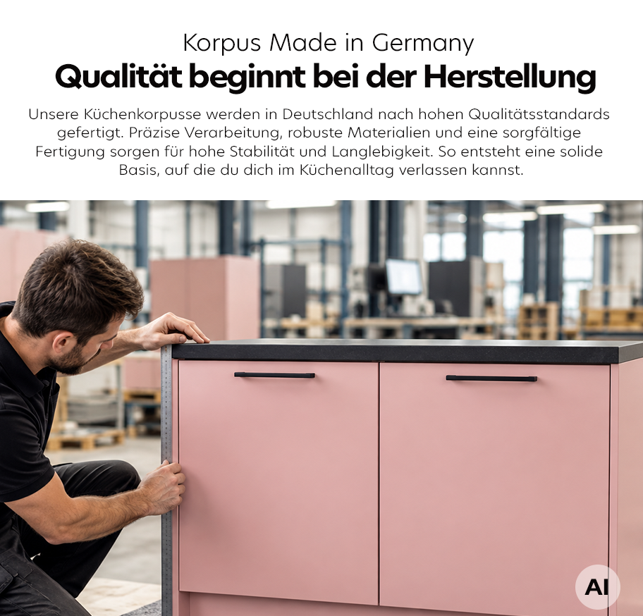 Feature-Banner, Im Vordergrund steht ein Mann mit Bart und dunklem T-Shirt, der eine Küchenfront aus der Serie Pantryküche Nordic Nordic Rose Black begutachtet. Die Küchenfront hat eine matte, grünlich-graue Oberfläche und einen dunklen Arbeitsplattenrand. Im Hintergrund sind weitere Küchenmöbel und eine große Produktionshalle mit hohen Regalen und Arbeitsplätzen zu sehen. Oben im Bild befindet sich ein Textfeld mit der Überschrift 'Korpus Made in Germany Qualität beginnt bei der Herstellung'. Darunter folgt ein Absatz, der die Fertigung in Deutschland, die hochwertigen Materialien und die sorgfältige Verarbeitung betont.'