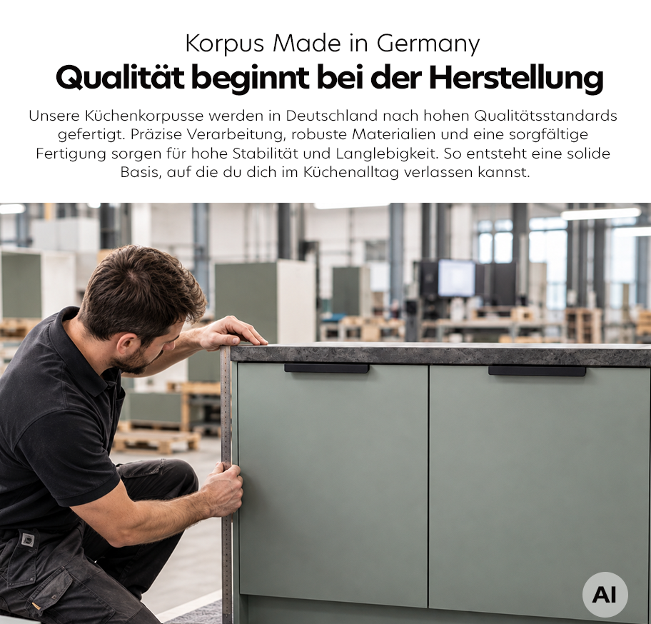 Feature-Banner, Im Vordergrund steht ein Mann mit Bart und dunklem T-Shirt, der eine Küchenfront aus der Serie Pantryküche Nordic Eukalyptus begutachtet. Die Küchenfront hat eine matte, grünlich-graue Oberfläche und einen dunklen Arbeitsplattenrand. Im Hintergrund sind weitere Küchenmöbel und eine große Produktionshalle mit hohen Regalen und Arbeitsplätzen zu sehen. Oben im Bild befindet sich ein Textfeld mit der Überschrift 'Korpus Made in Germany Qualität beginnt bei der Herstellung'. Darunter folgt ein Absatz, der die Fertigung in Deutschland, die hochwertigen Materialien und die sorgfältige Verarbeitung betont.'