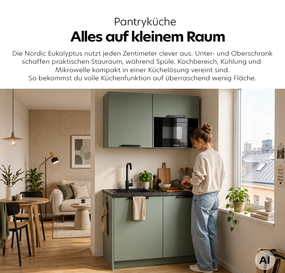 Feature-Banner, Kleine Pantryküche Nordic Eukalyptus mit Unter- und Oberschränken, integriertem Spülbecken, Kochfeld, Mikrowelle und praktischem Stauraum in einem hellen Raum.'