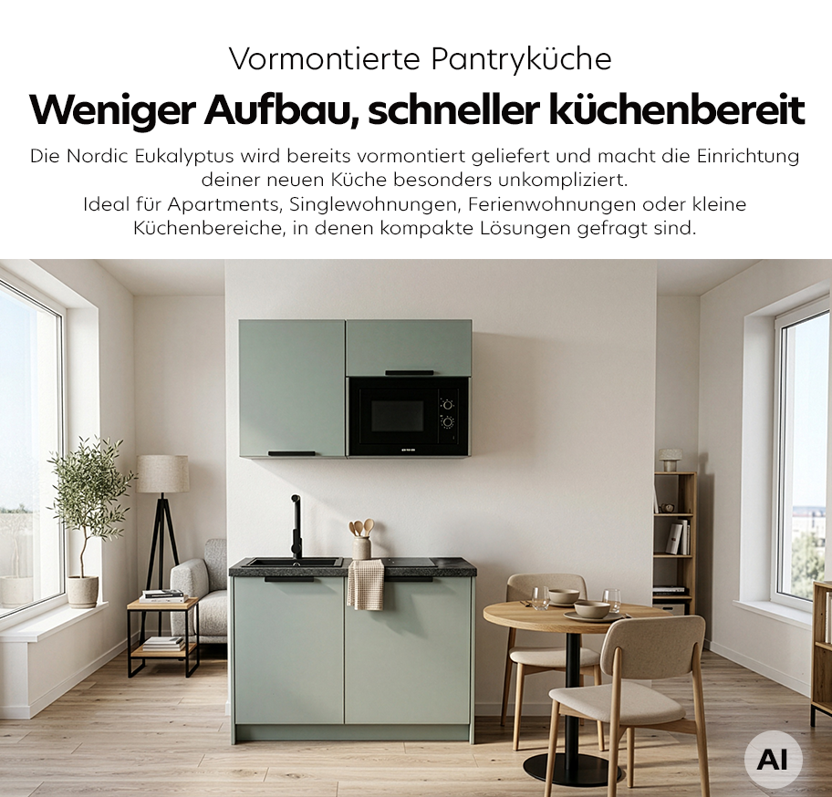 Feature-Banner, Kleine vormontierte Pantryküche Nordic Eukalyptus mit zwei Unterschränken, Spüle, Armatur, zwei Hängeschränken, Mikrowelle und minimalistischer Essbereich mit rundem Holztisch, Stühlen, Stehlampe und Pflanzen im Hintergrund.'