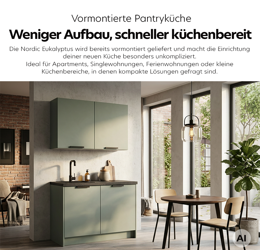 Feature-Banner, Kleine vormontierte Pantryküche Nordic Eukalyptus mit zwei Unterschränken, Spüle, Armaturund minimalistischer Essbereich mit rundem Holztisch, Stühlen, Stehlampe und Pflanzen im Hintergrund.'
