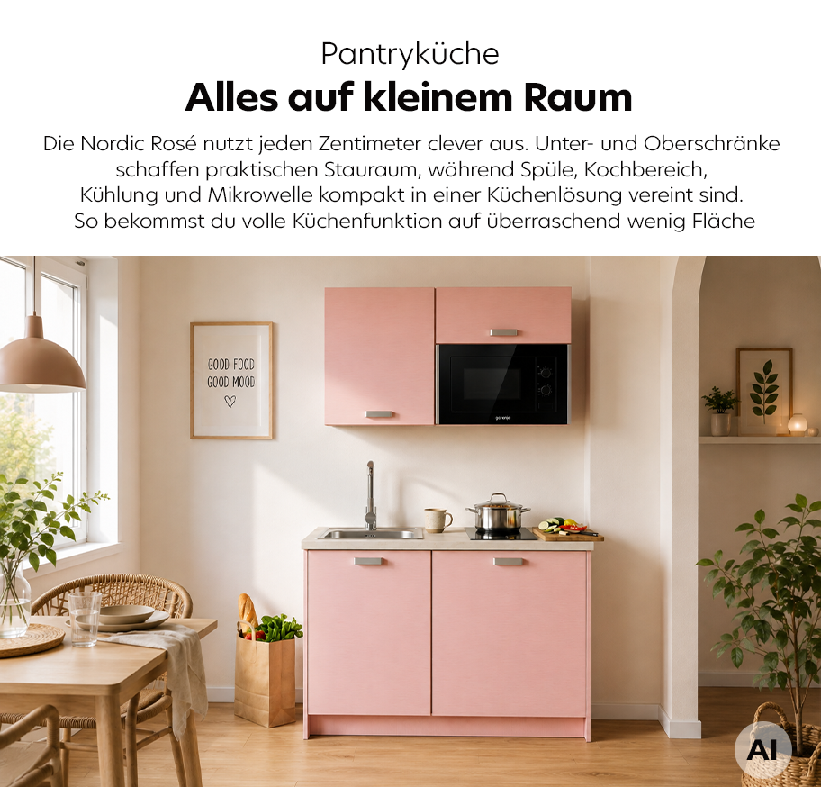 Feature-Banner, Kleine Pantryküche Nordic Rosé mit rosa Unter- und Oberschränken, integriertem Spülbecken, Kochfeld, Mikrowelle und praktischem Stauraum in einem hellen Raum mit Esstisch, Stühlen, Pflanzen und Wandbild mit Schriftzug.'