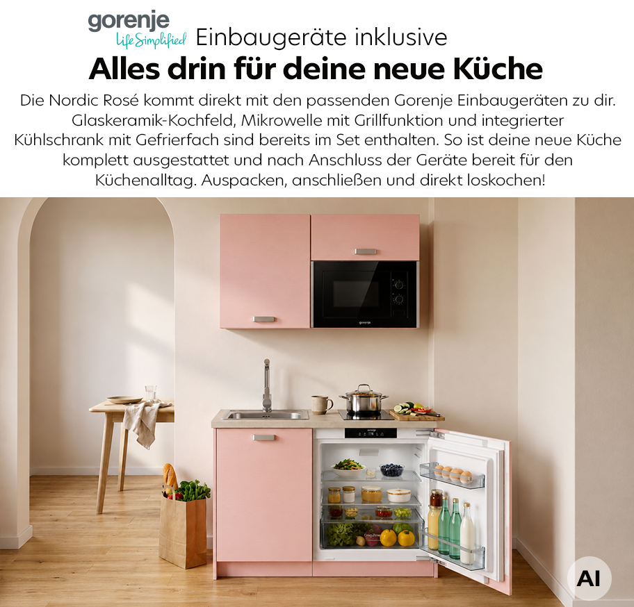 Feature-Banner, Kleine Pantryküche Nordic Rose mit rosa Fronten, eingebautem Gorenje-Mikrowellenherd, Glaskeramik-Kochfeld, Spüle und offenem Kühlschrank mit Getränken und Lebensmitteln.'