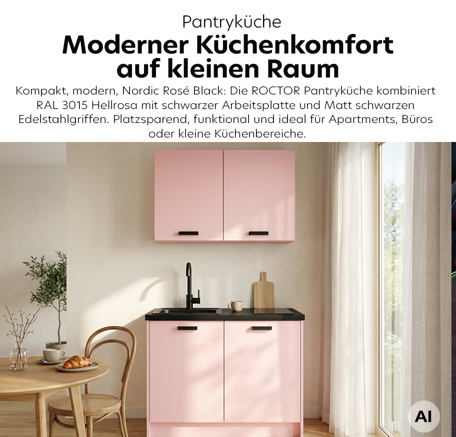 Feature-Banner, Im Mittelpunkt steht die Pantryküche Nordic Rose Black in einem hellrosa Farbton. Die Küchenzeile besteht aus einem Unterschrank mit Spüle und einer schwarzen Arbeitsplatte sowie einem passenden Oberschrank. Beide Schränke haben schlichte Matt schwarze Edelstahlgriffe. Links und rechts der Küchenzeile befinden sich große Fenster, die viel Tageslicht hereinlassen. Die Wände sind in einem zarten Rosaton gestrichen, der mit der Farbe der Küche harmoniert. Auf der Arbeitsplatte stehen ein Wasserkocher und eine kleine Vase mit Blumen. Im Hintergrund sind ein Esstisch mit Stühlen und ein gerahmtes Bild an der Wand zu sehen.'