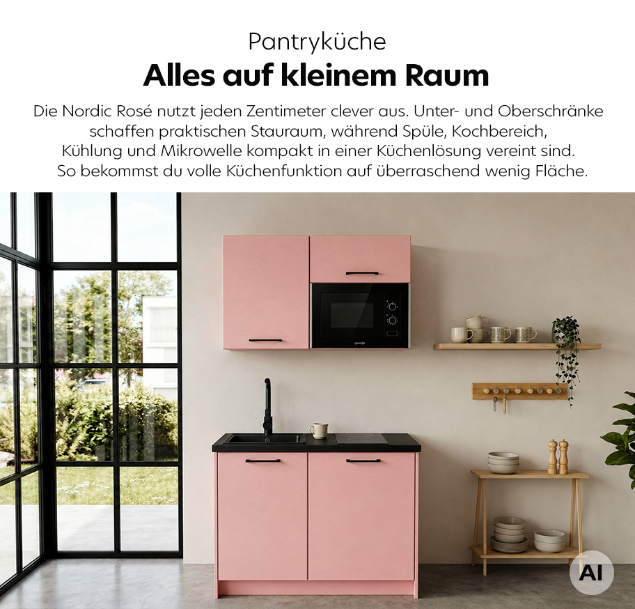 Feature-Banner, Kleine Pantryküche Nordic Rosé Black mit rosa Unter- und Oberschränken, integriertem Spülbecken, Kochfeld, Mikrowelle und praktischem Stauraum in einem hellen Raum mit Esstisch, Stühlen, Pflanzen und Wandbild mit Schriftzug.'