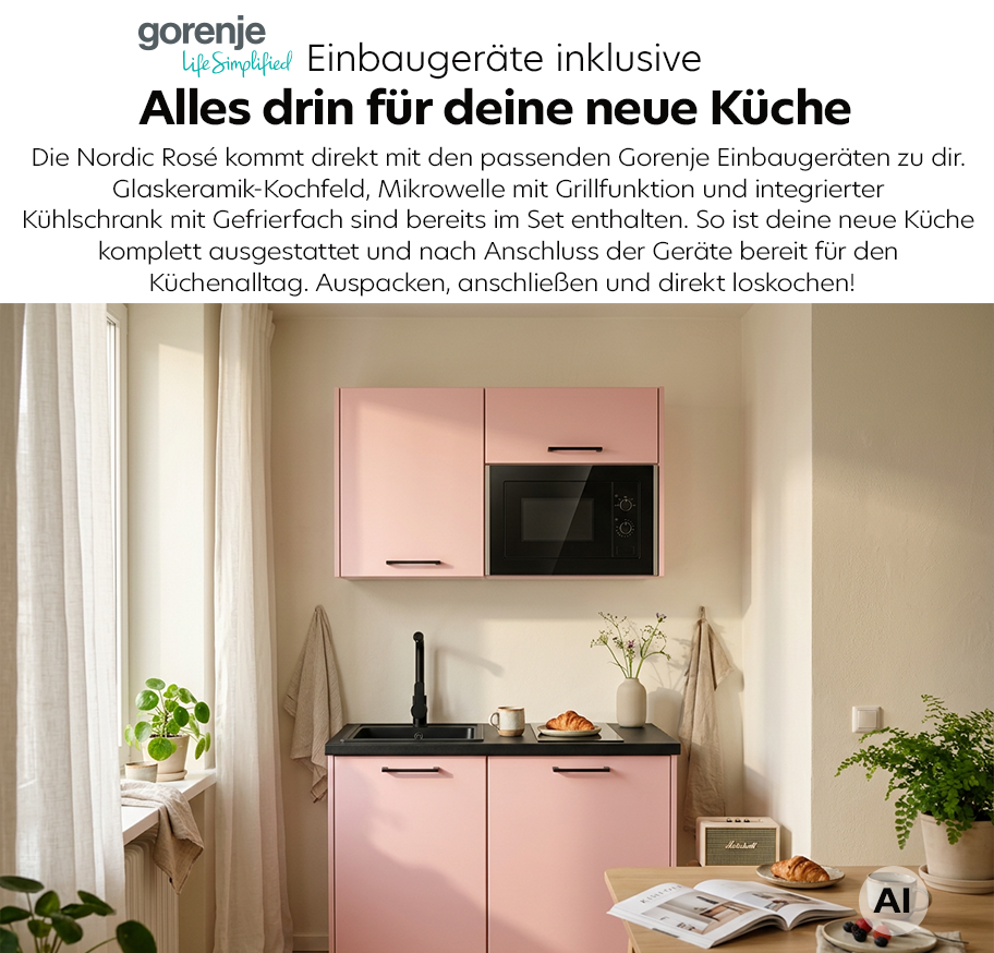 Feature-Banner, Kleine Pantryküche Nordic Rose Black mit rosa Fronten, eingebautem Gorenje-Mikrowellenherd, Glaskeramik-Kochfeld, Spüle und offenem Kühlschrank mit Getränken und Lebensmitteln.'