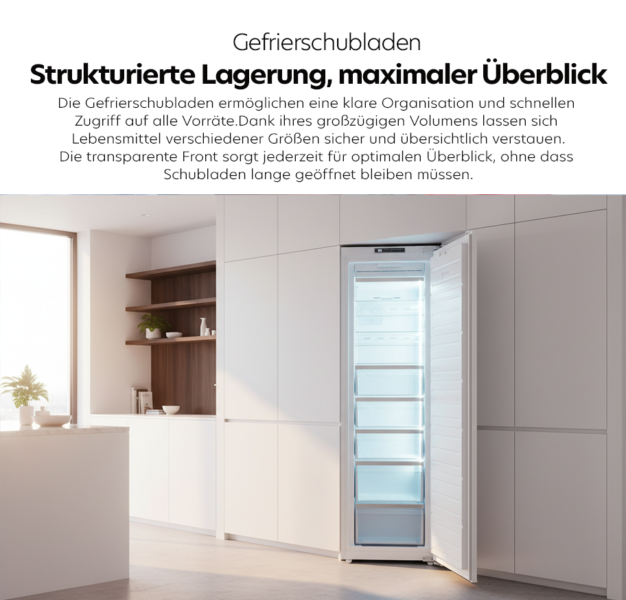 Feature-Banner, Offene Gefrierschubladen in moderner weißer Küchenzeile mit transparenten Fronten und integriertem Design.'