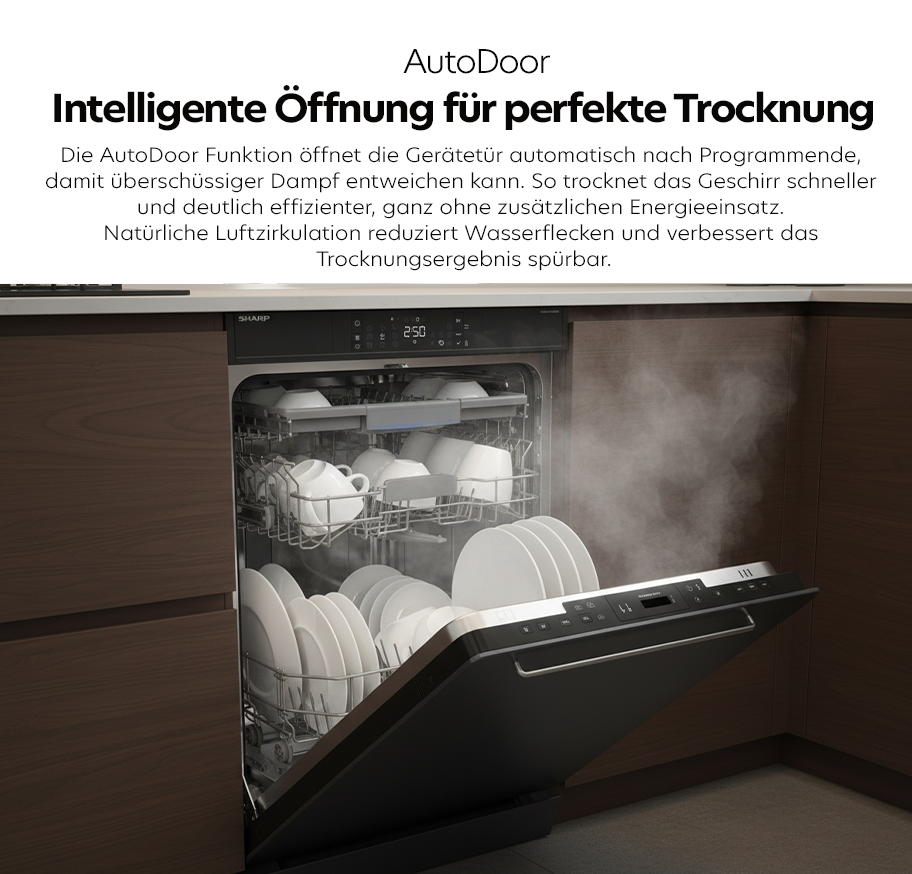 Feature-Banner, Geöffneter Sharp Geschirrspüler mit sichtbarem Dampf, gefüllt mit Geschirr in zwei Körben, eingebaut in eine Küchenzeile'