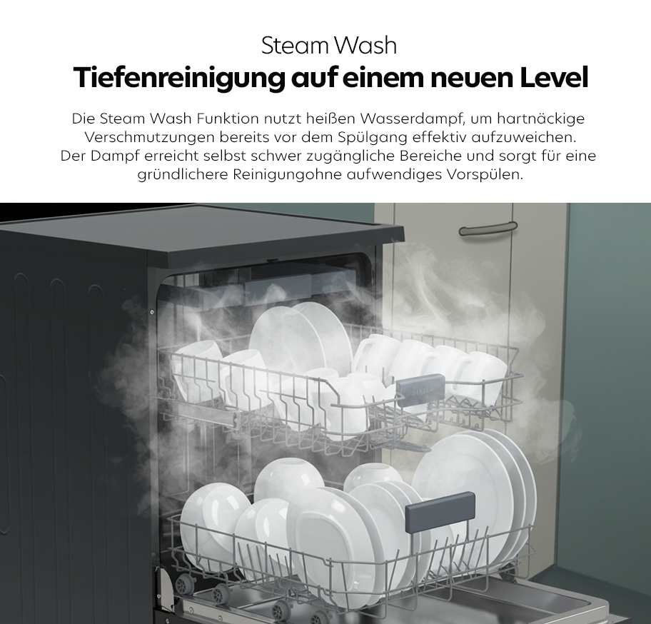 Feature-Banner, Geöffneter Geschirrspüler mit zwei Körben, die mit Tellern gefüllt sind, und sichtbarem Dampf, dazu Text über die Steam Wash Funktion für Tiefenreinigung.'