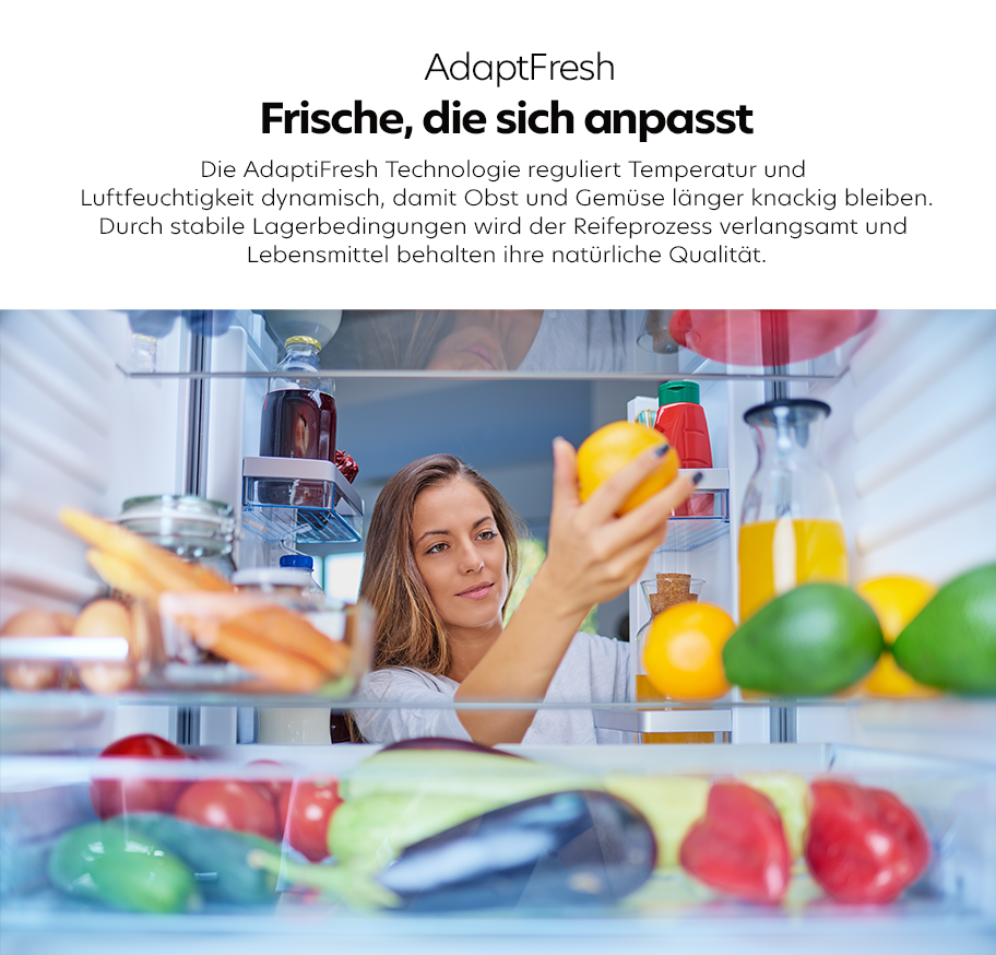 Feature-Banner, Blick in einen Adaptfresh-Kühlschrank mit verschiedenen Obst- und Gemüsesorten und einer Person, die eine Orange herausnimmt.'