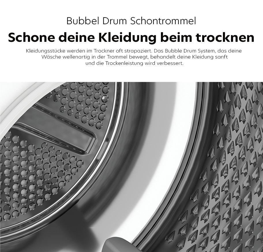 Feature-Banner, Nahaufnahme der perforierten Trommelinnenseite einer Waschmaschine mit strukturierten Noppen und Rippen.