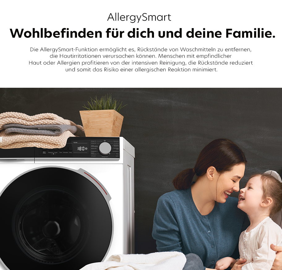 Feature-Banner,Ein Waschmaschine mit digitalem Display und einem großen schwarzen Türfenster. Text: 'AllergySmart Wohlbefinden für dich und deine Familie.'