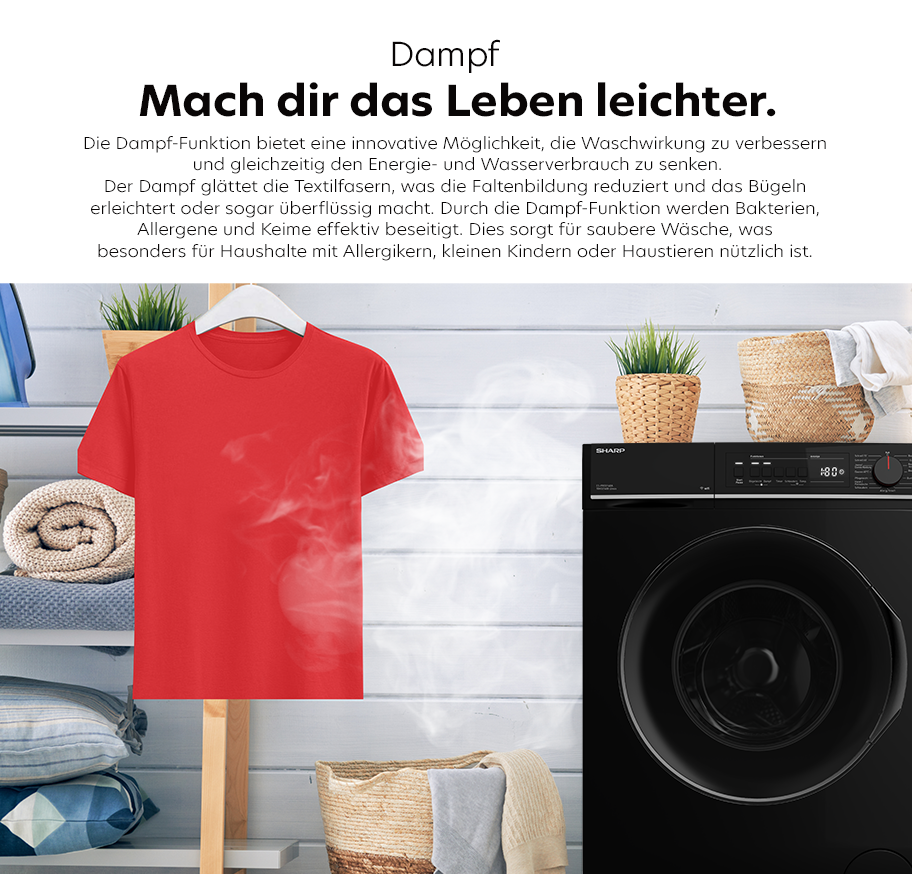 Feature-Banner,Schwarze Waschmaschine mit Dampf-Funktion, rotes T-Shirt schwebt in der Luft, Dampf strömt aus der Maschine. Text: 'Mach dir das Leben leichter.'