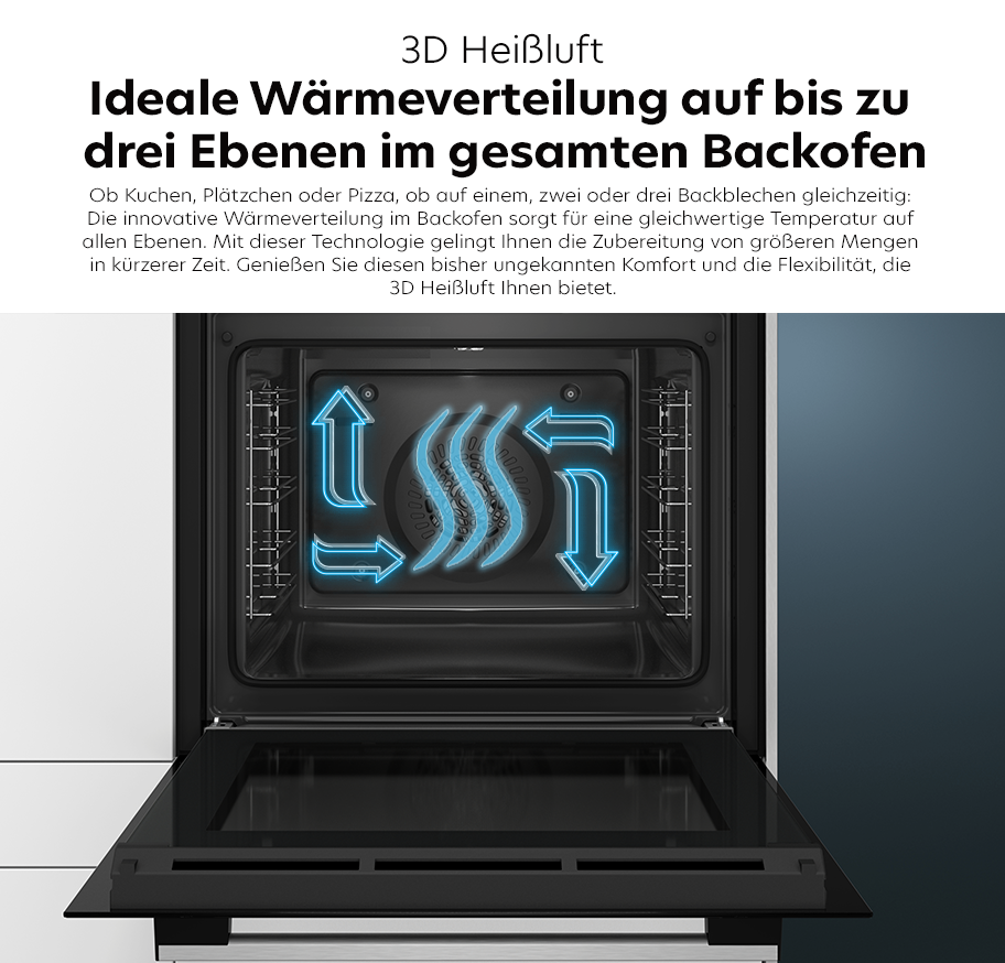 Feature-Banner, Offener Siemens Backofen mit geöffneter Tür, im Innenraum leuchtende blaue Pfeile und Wellenlinien symbolisieren 3D Heißluft und gleichmäßige Wärmeverteilung auf mehreren Ebenen.'