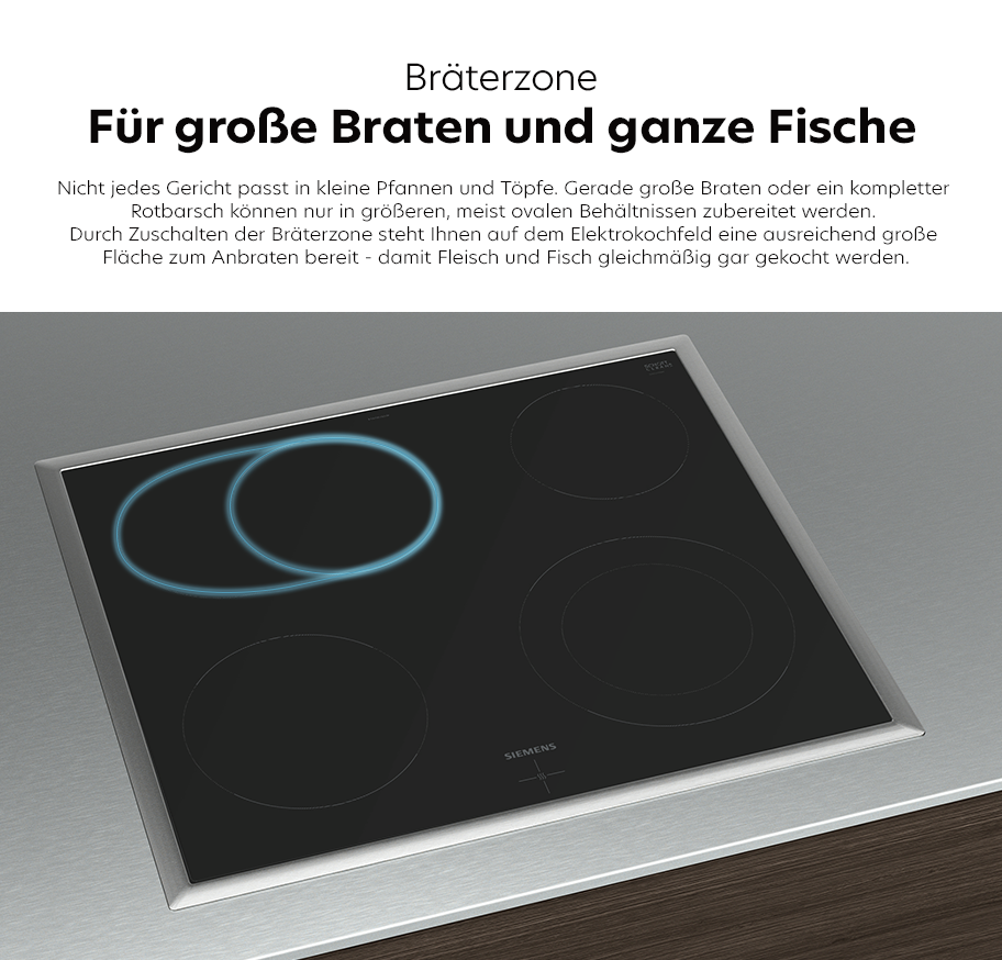Feature-Banner, Siemens Elektrokochfeld mit aktivierter Bräterzone, erkennbar an zwei überlappenden, ovalen Kochzonen in blauer Umrandung auf schwarzer Glaskeramikfläche mit Edelstahlrahmen.'