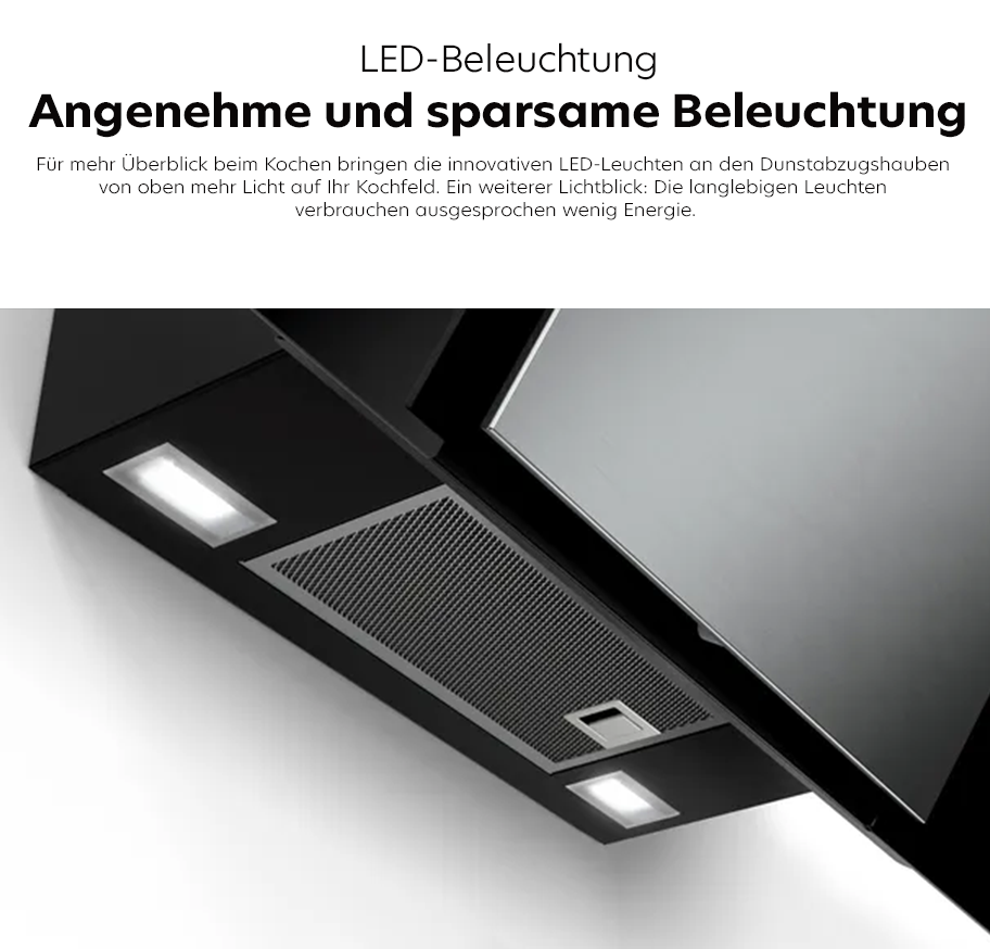 Feature-Banner, Unterseite einer Siemens Dunstabzugshaube mit zwei rechteckigen LED-Leuchten und einem Metallgitter als Filter.'