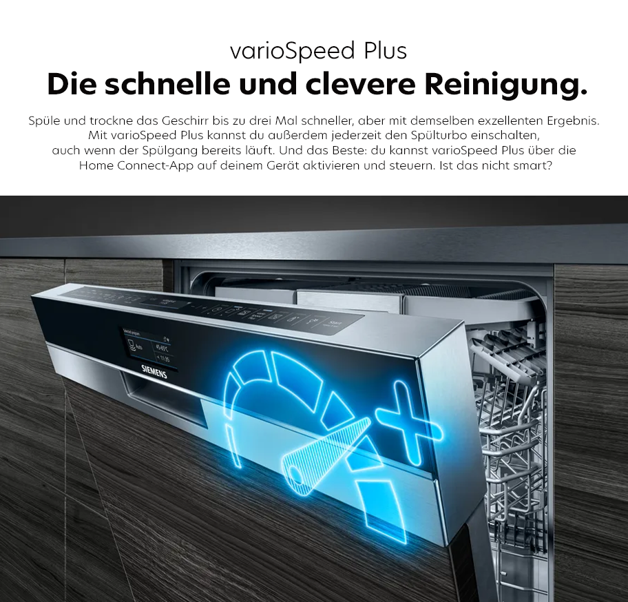 Feature-Banner, Geöffneter Siemens Geschirrspüler mit digitalem Bedienfeld und eingeblendetem blau leuchtendem Tachometer-Symbol mit Pluszeichen.'