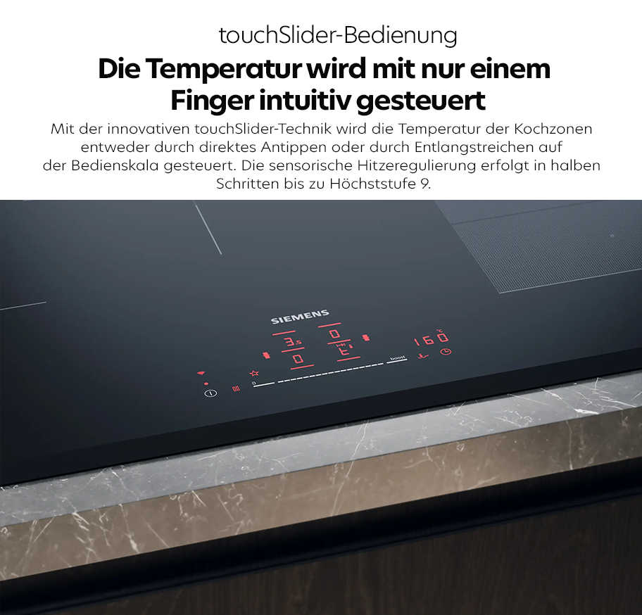 Feature-Banner, Siemens Kochfeld mit touchSlider-Bedienfeld und digitaler Temperaturanzeige auf schwarzer Glasoberfläche in moderner Küche.'