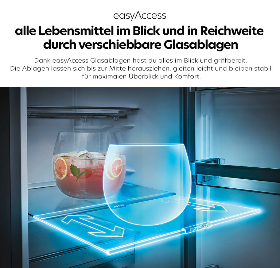 Feature-Banner, Innenansicht eines Siemens-Kühlschranks mit zwei Gläsern auf einer hervorgehobenen, verschiebbaren Glasablage des easyAccess-Systems.'