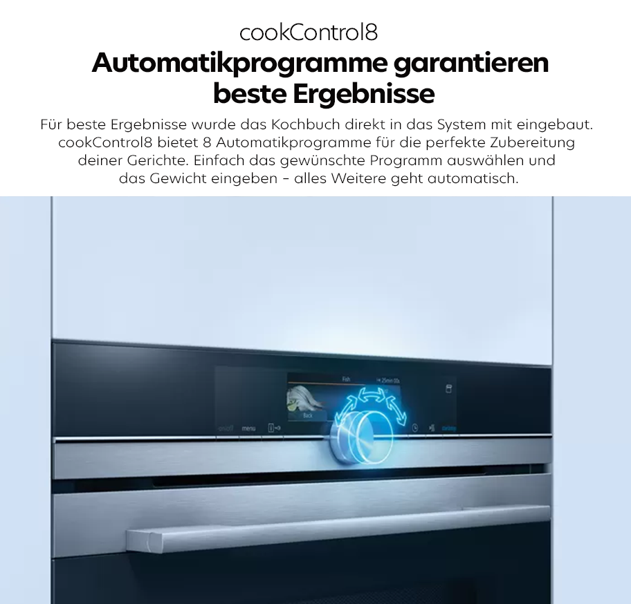 Feature-Banner, Siemens Mikrowelle mit digitalem Display und Drehregler, der von einem blauen Lichtkreis umgeben ist, darüber Text zu cookControl8 Automatikprogrammen.'