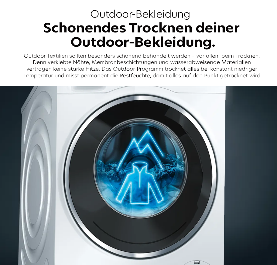 Feature-Banner, Frontansicht einer weißen Waschmaschine mit beleuchtetem Trommelfenster, das ein blaues Symbol einer Outdoor-Jacke zeigt.