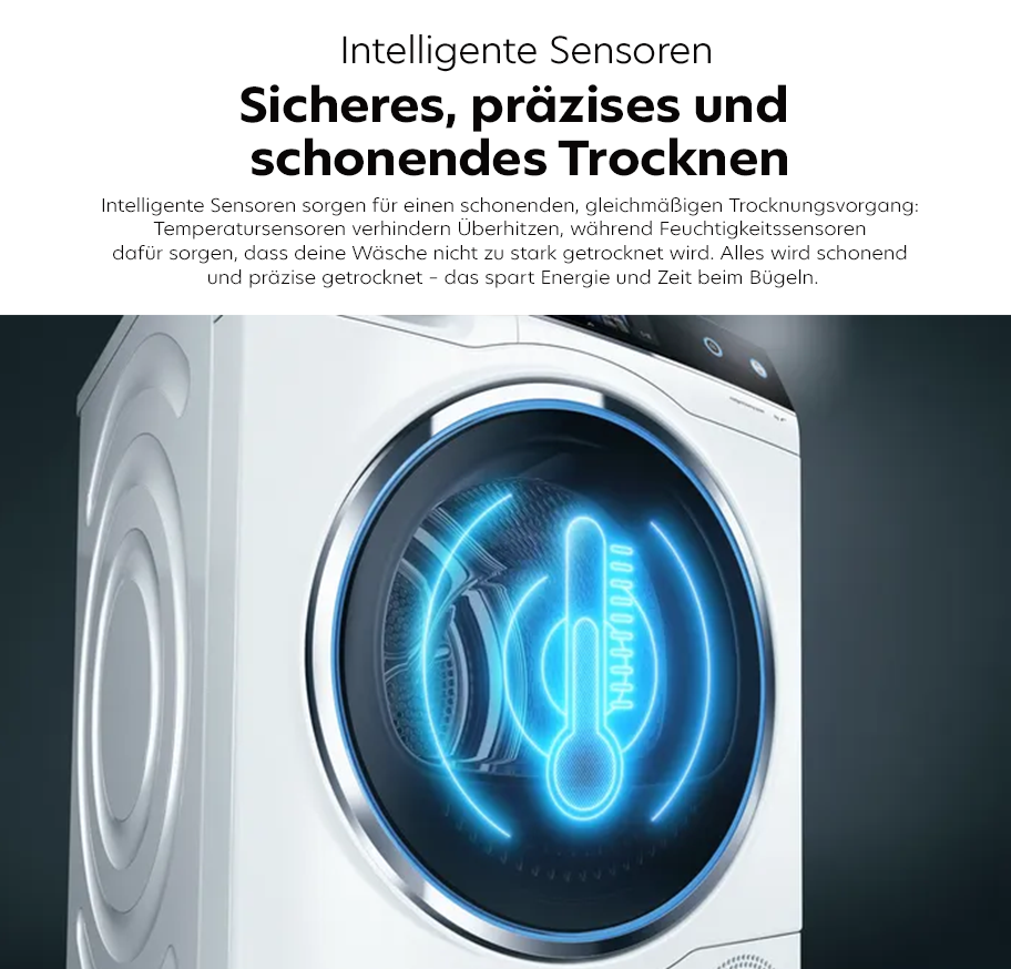 Feature-Banner, Weiße Frontlader-Waschmaschine mit leuchtendem blauen Thermometer- und Wellensymbol im Bullauge, Text über intelligenten Sensoren für schonendes Trocknen.
