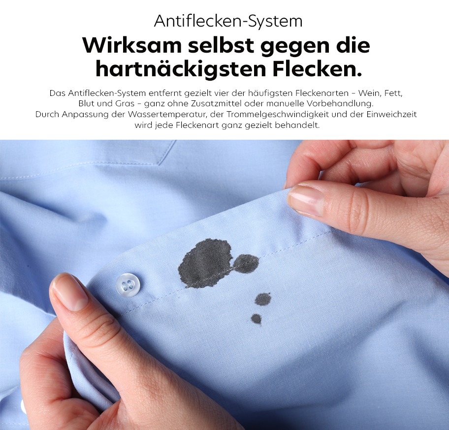 Feature-Banner, Hände halten ein hellblaues Hemd mit mehreren dunklen Flecken auf dem Stoff.'