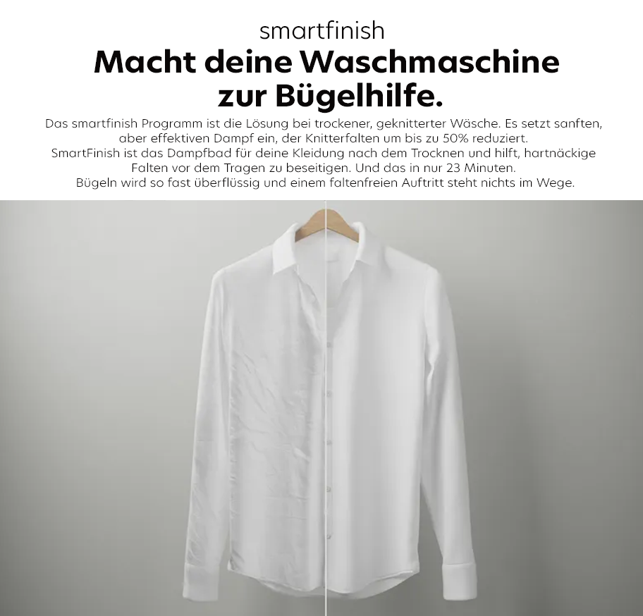 Feature-Banner, Halbierte weiße Hemdbluse vor grauem Hintergrund, links zerknittert, rechts glatt gebügelt, darüber Text zu Siemens Smartfinish Programm für bügelfreie Wäsche.'