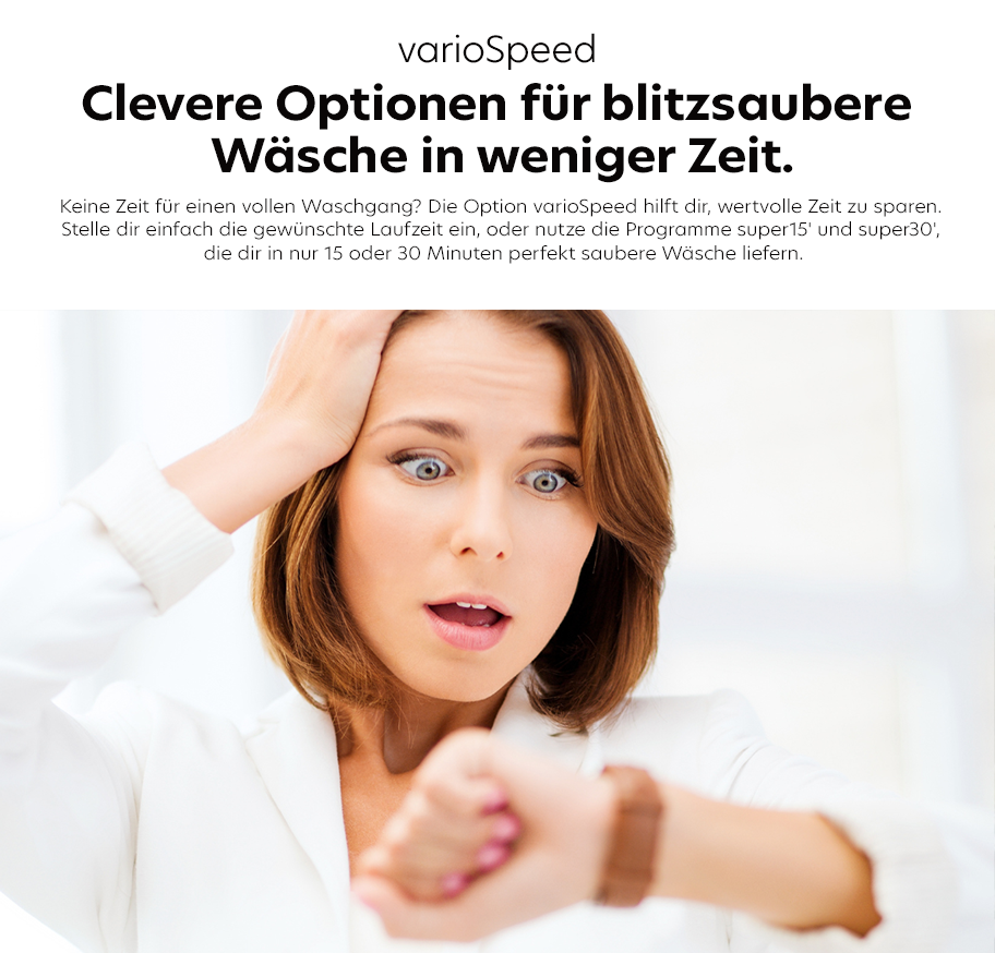 Feature-Banner, Frau in weißem Oberteil schaut auf ihre Armbanduhr und hält die andere Hand an den Kopf vor weißem Hintergrund mit Text zu Siemens varioSpeed Waschmaschine.'