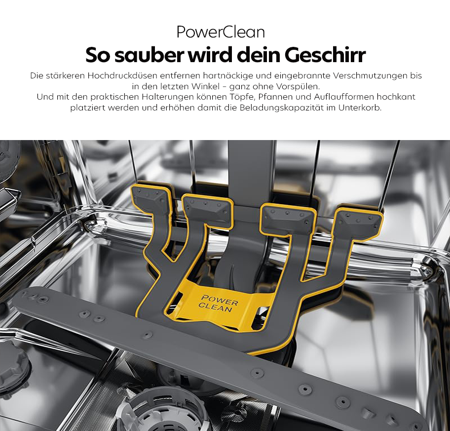 Feature-Banner, Geöffneter Geschirrspüler mit drei Körben, gefüllt mit Tellern, Gläsern und Besteck, in moderner Küchenzeile.'