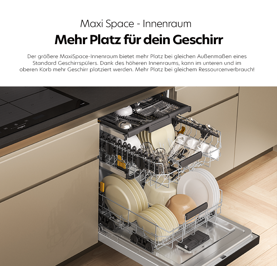 Feature-Banner, Nahaufnahme eines Geschirrspülers mit gelb-schwarzem PowerClean-Halter, der Töpfe und Pfannen hochkant hält, um die Beladungskapazität zu erhöhen.'
